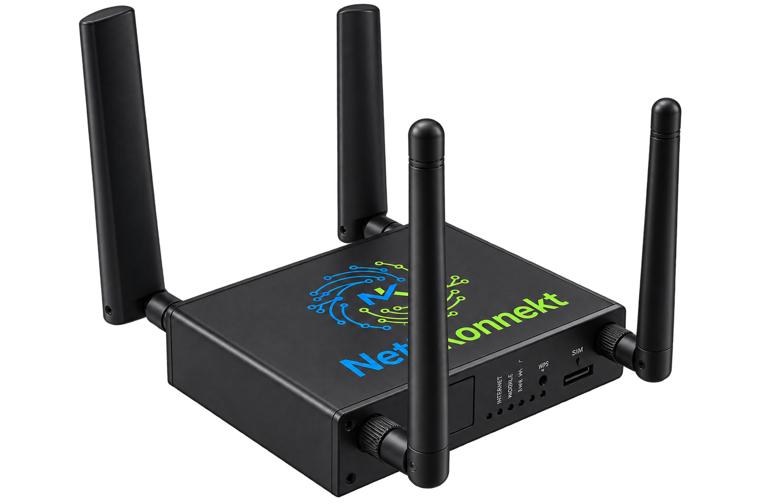 NK R400 industrial 5G RedCap router shown from the front-left angle