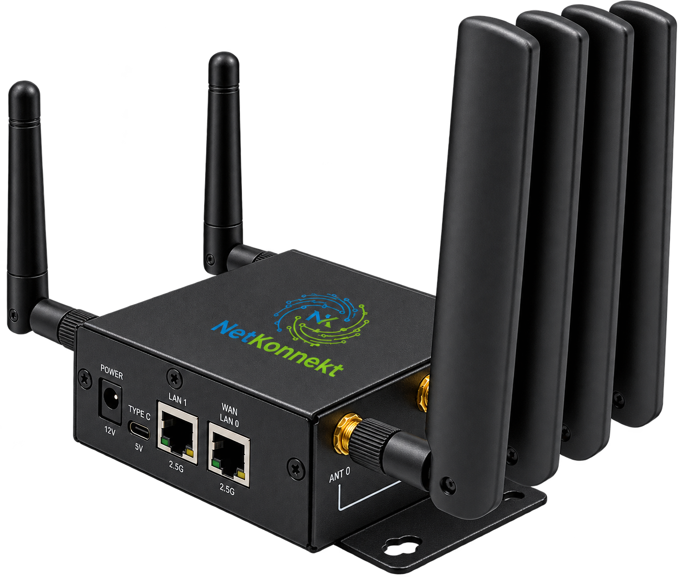 Rear three-quarter view of the NK R700 enterprise 5G router and antennas